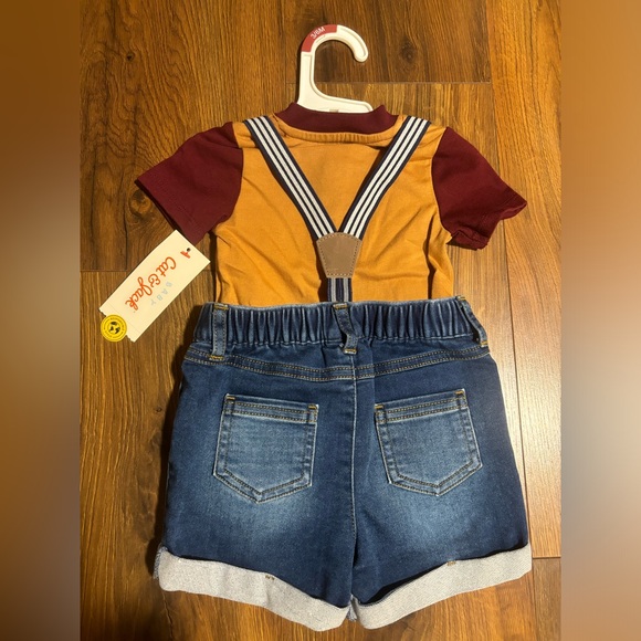 Cat & Jack Baby Boys 2 Piece Bodysuit & Shorts Suspenders Set - Light Brown 3-6M - Picture 2 of 2